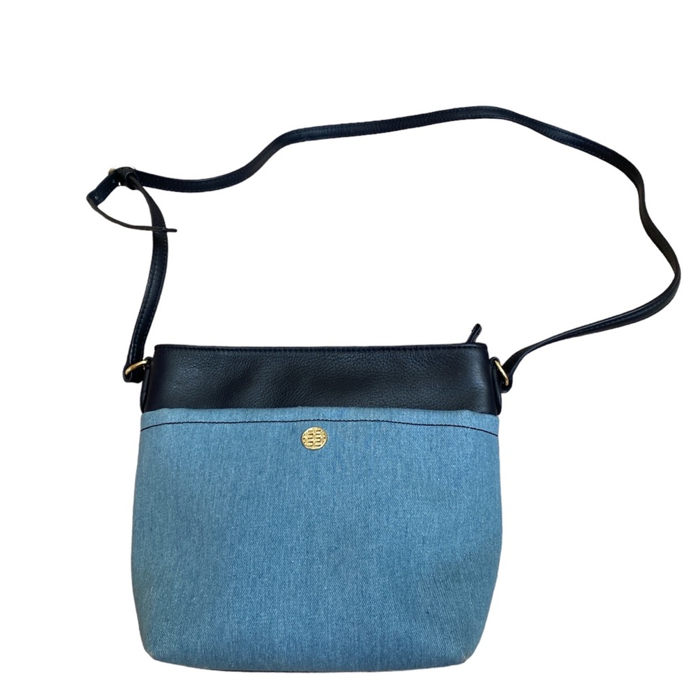 (1340) Talbots Leather & Denim Crossbody Bag 10” x9” x4.5” - Picture 2 of 8